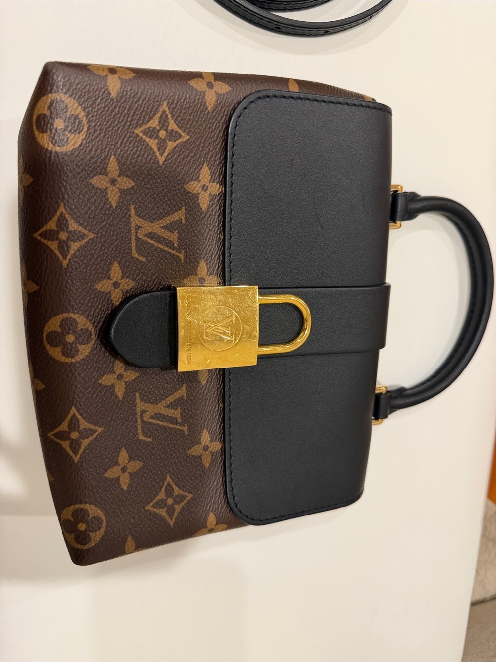Louis Vuitton Brown Monogram & Black Leather Satchel with Gold Hardware